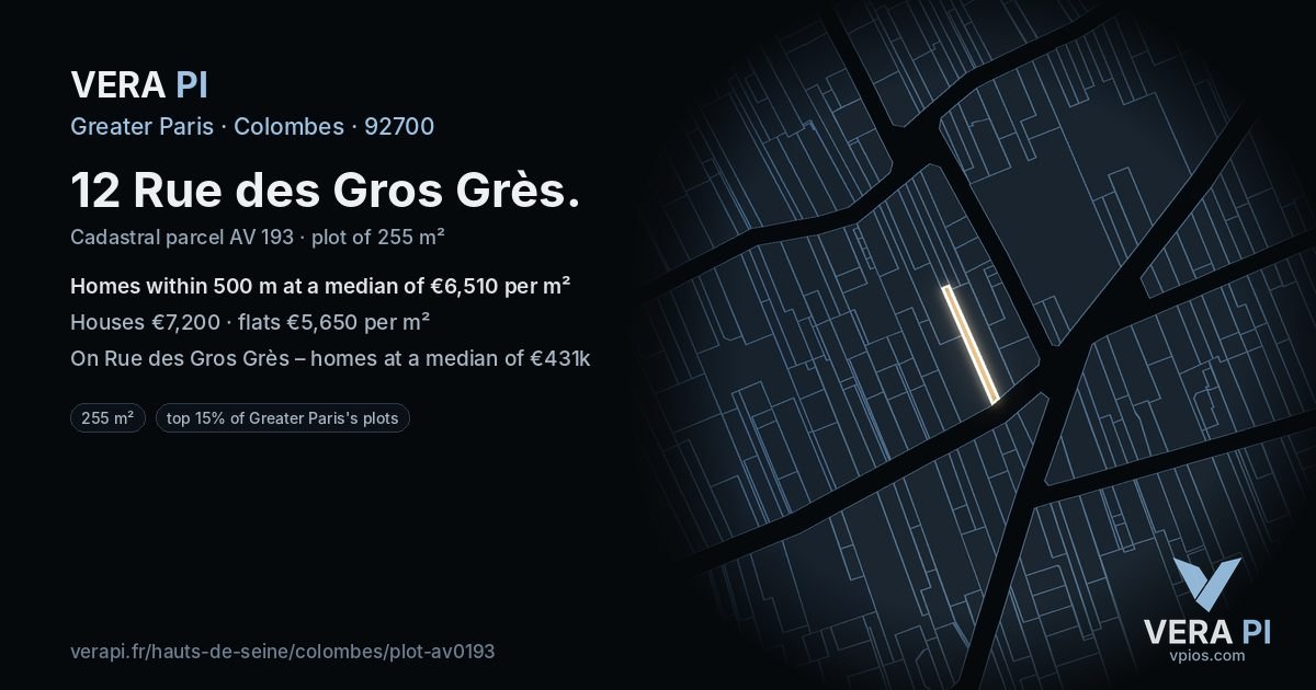 12 Rue des Gros Grès, Colombes at night – the plot lit, the parcels around coloured by the prices near them