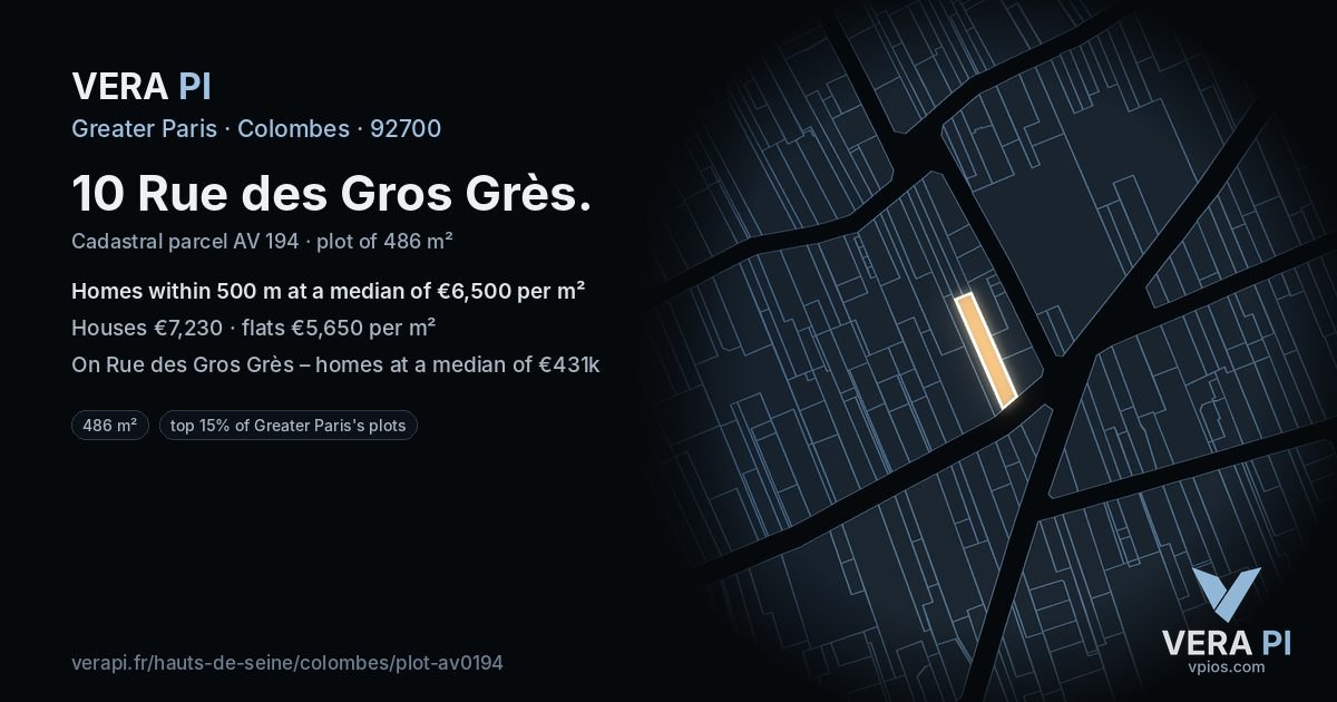 10 Rue des Gros Grès, Colombes at night – the plot lit, the parcels around coloured by the prices near them