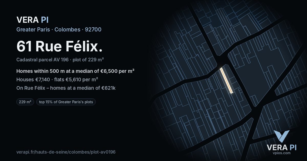 61 Rue Félix, Colombes at night – the plot lit, the parcels around coloured by the prices near them