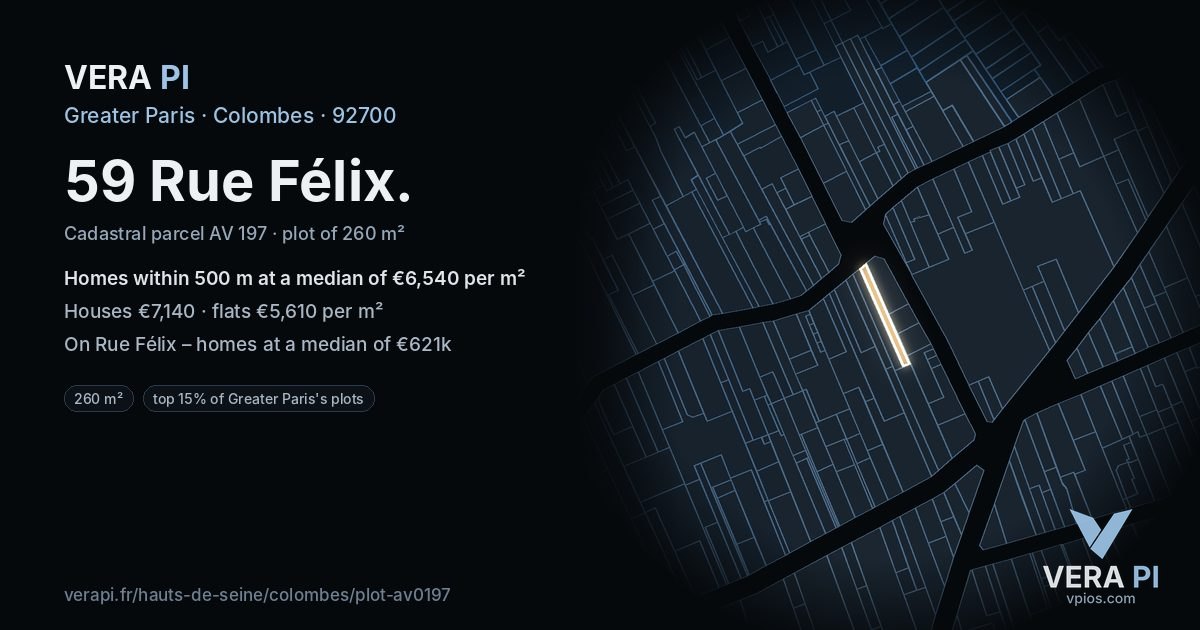 59 Rue Félix, Colombes at night – the plot lit, the parcels around coloured by the prices near them