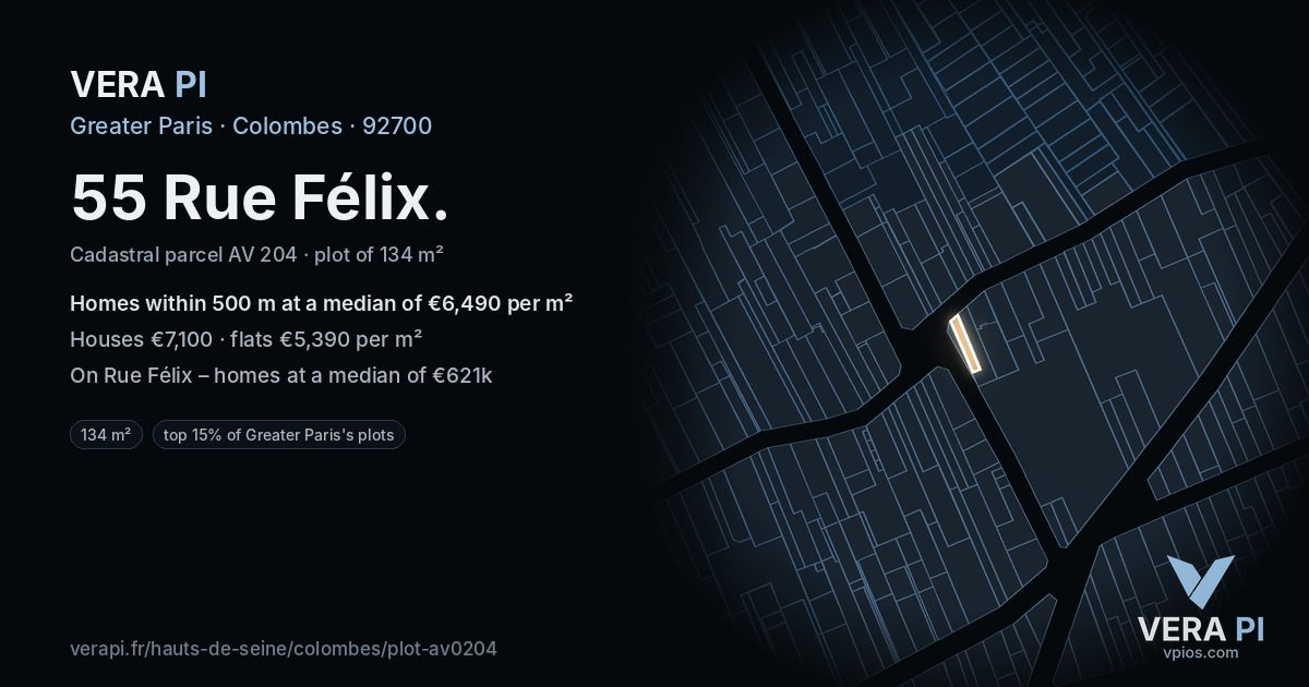 55 Rue Félix, Colombes at night – the plot lit, the parcels around coloured by the prices near them