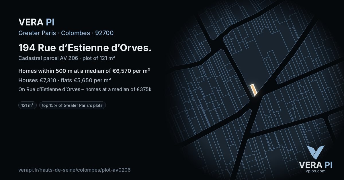 194 Rue d’Estienne d’Orves, Colombes at night – the plot lit, the parcels around coloured by the prices near them