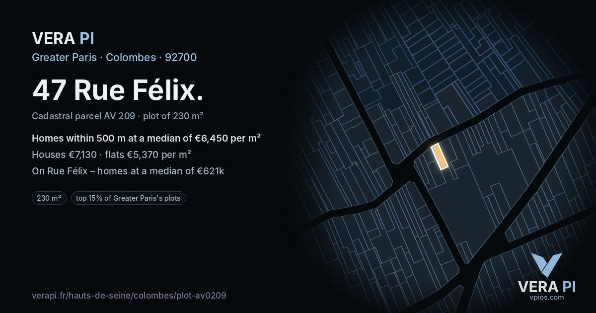 47 Rue Félix, Colombes at night – the plot lit, the parcels around coloured by the prices near them