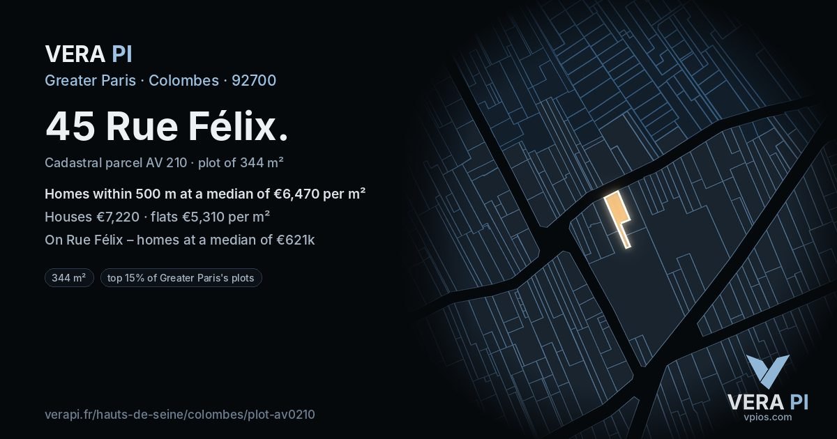 45 Rue Félix, Colombes at night – the plot lit, the parcels around coloured by the prices near them