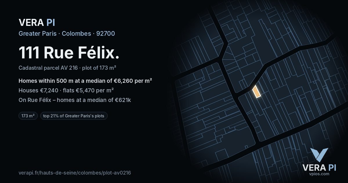 111 Rue Félix, Colombes at night – the plot lit, the parcels around coloured by the prices near them