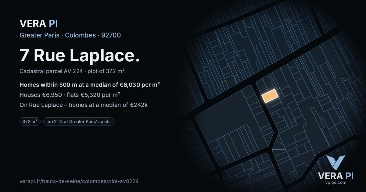 7 Rue Laplace, Colombes at night – the plot lit, the parcels around coloured by the prices near them