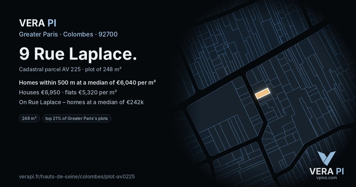 9 Rue Laplace, Colombes at night – the plot lit, the parcels around coloured by the prices near them