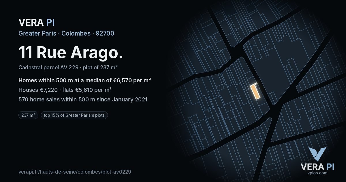11 Rue Arago, Colombes at night – the plot lit, the parcels around coloured by the prices near them