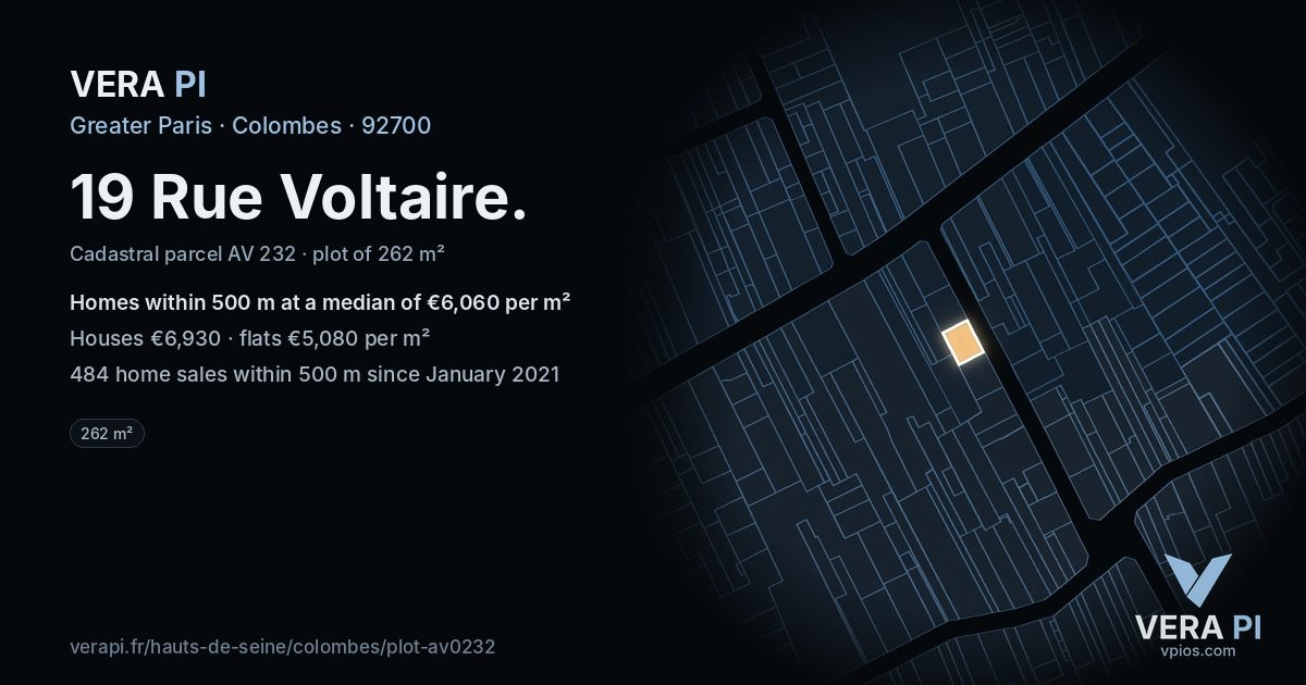 19 Rue Voltaire, Colombes at night – the plot lit, the parcels around coloured by the prices near them