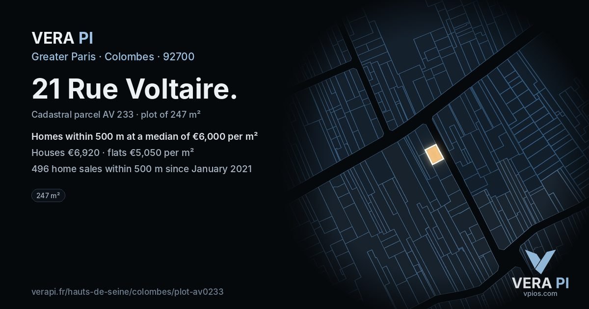 21 Rue Voltaire, Colombes at night – the plot lit, the parcels around coloured by the prices near them