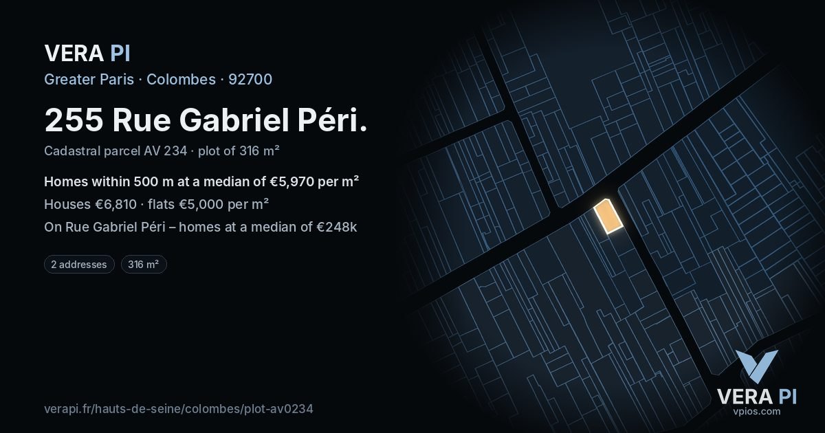 255 Rue Gabriel Péri, Colombes at night – the plot lit, the parcels around coloured by the prices near them