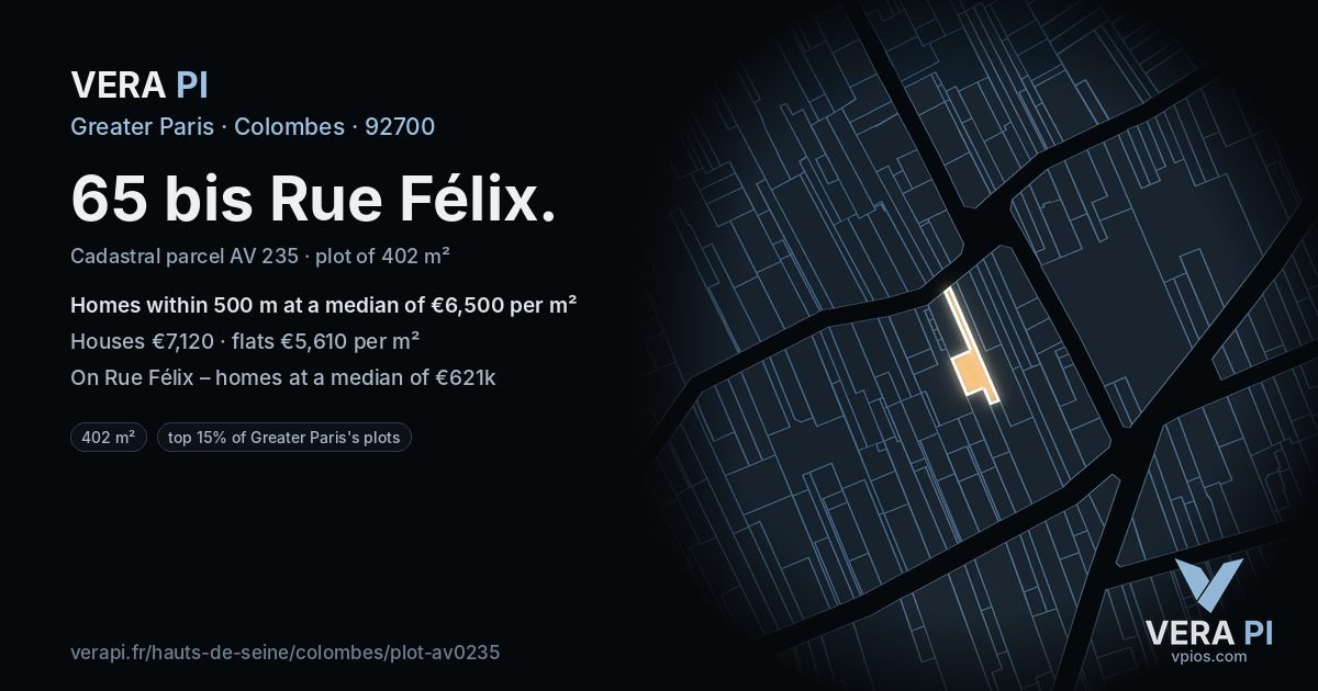65 bis Rue Félix, Colombes at night – the plot lit, the parcels around coloured by the prices near them