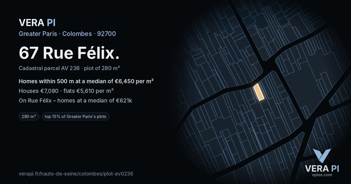 67 Rue Félix, Colombes at night – the plot lit, the parcels around coloured by the prices near them