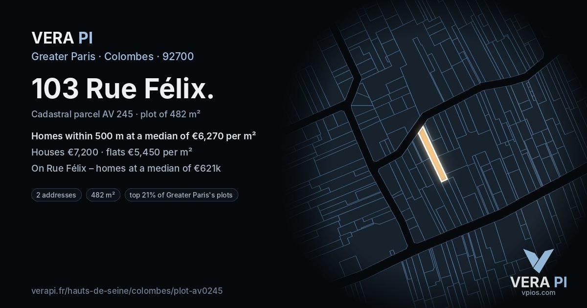 103 Rue Félix, Colombes at night – the plot lit, the parcels around coloured by the prices near them