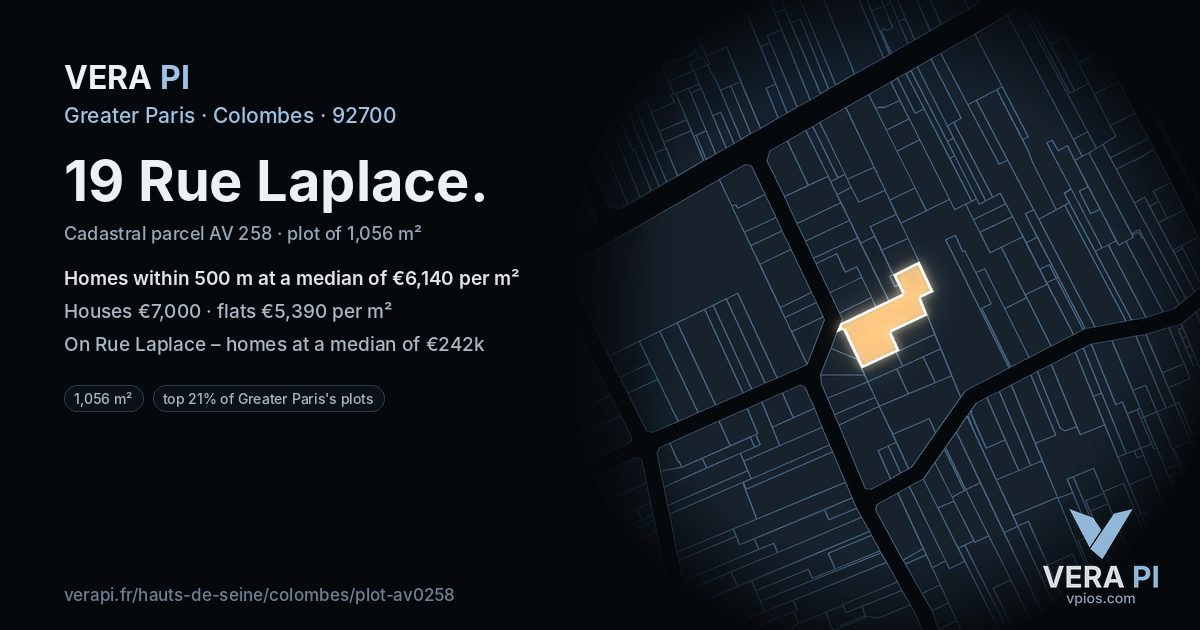 19 Rue Laplace, Colombes at night – the plot lit, the parcels around coloured by the prices near them