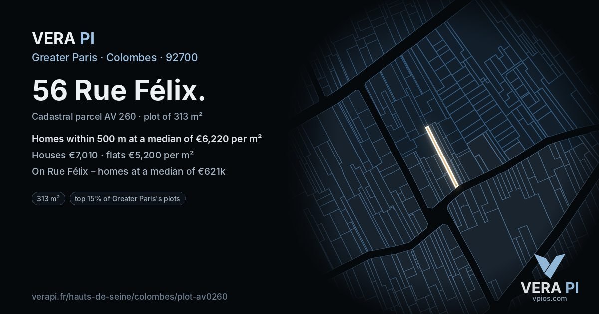 56 Rue Félix, Colombes at night – the plot lit, the parcels around coloured by the prices near them