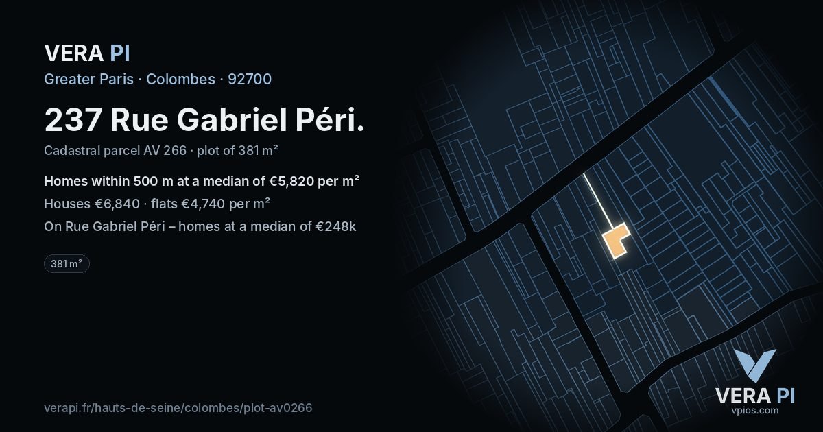237 Rue Gabriel Péri, Colombes at night – the plot lit, the parcels around coloured by the prices near them