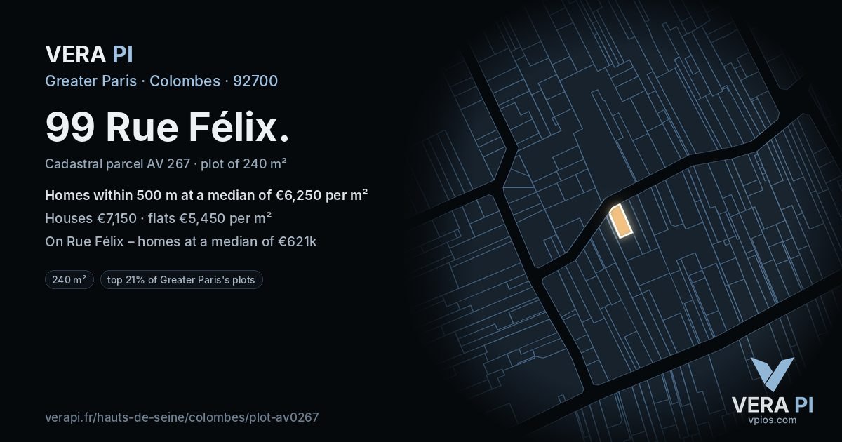 99 Rue Félix, Colombes at night – the plot lit, the parcels around coloured by the prices near them