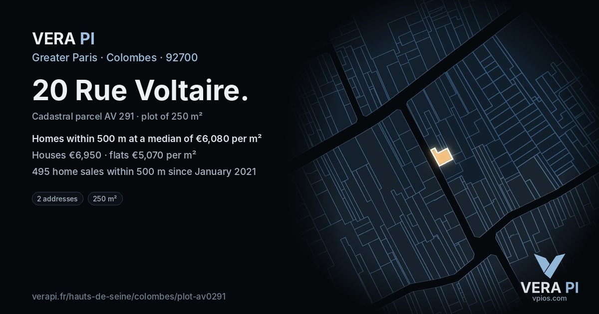 20 Rue Voltaire, Colombes at night – the plot lit, the parcels around coloured by the prices near them