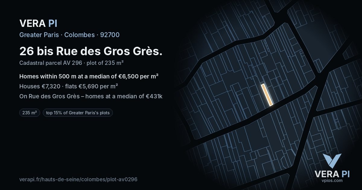 26 bis Rue des Gros Grès, Colombes at night – the plot lit, the parcels around coloured by the prices near them
