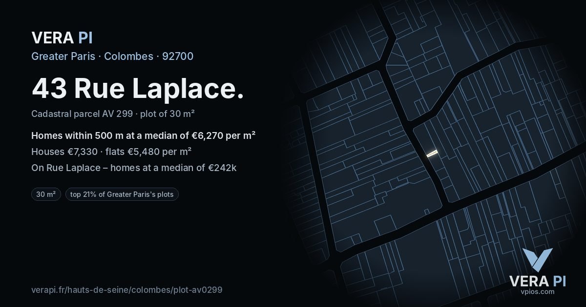 43 Rue Laplace, Colombes at night – the plot lit, the parcels around coloured by the prices near them