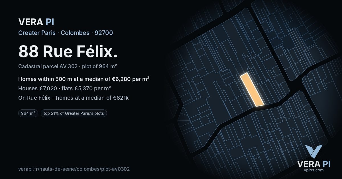 88 Rue Félix, Colombes at night – the plot lit, the parcels around coloured by the prices near them
