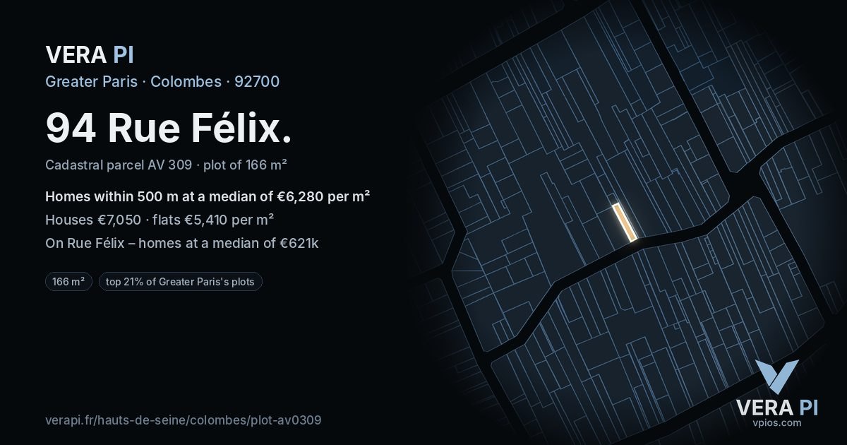 94 Rue Félix, Colombes at night – the plot lit, the parcels around coloured by the prices near them