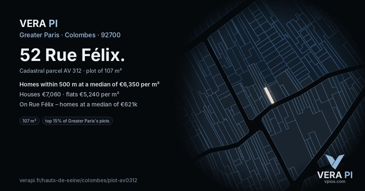 52 Rue Félix, Colombes at night – the plot lit, the parcels around coloured by the prices near them