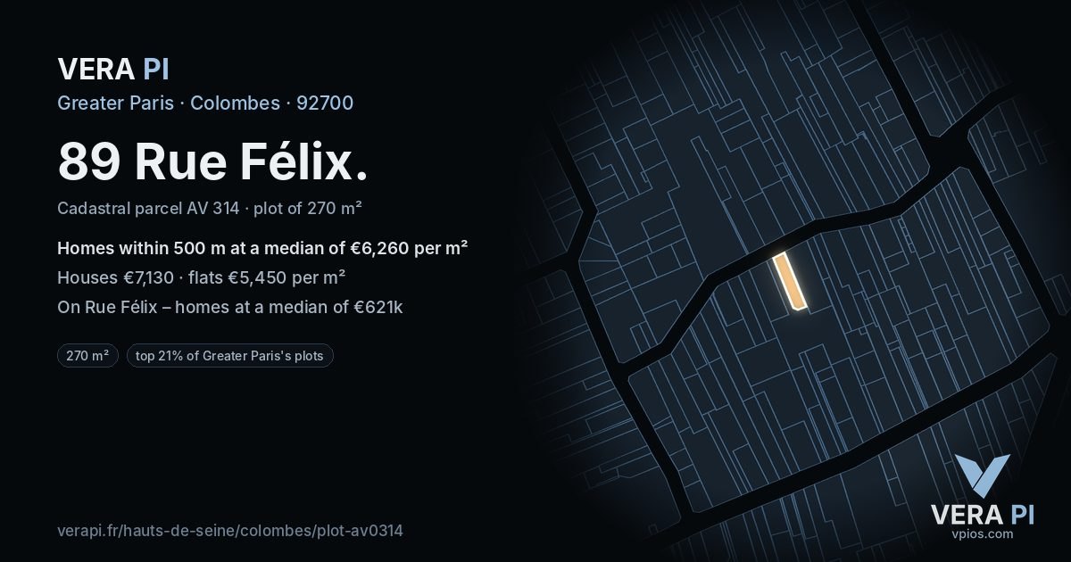 89 Rue Félix, Colombes at night – the plot lit, the parcels around coloured by the prices near them