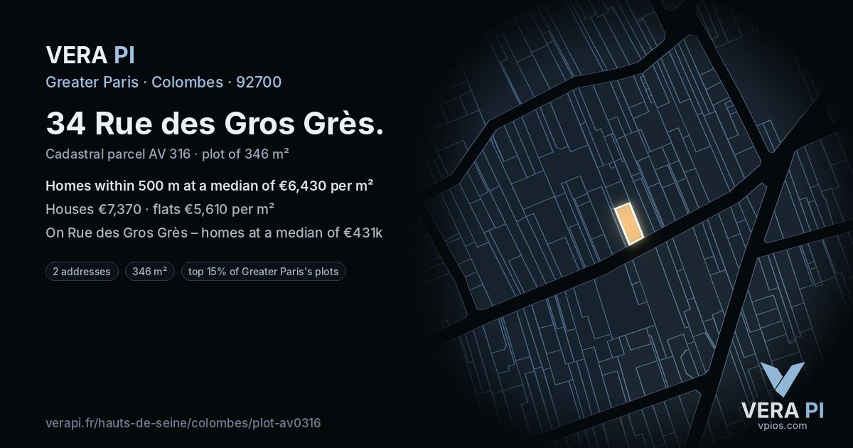 34 Rue des Gros Grès, Colombes at night – the plot lit, the parcels around coloured by the prices near them