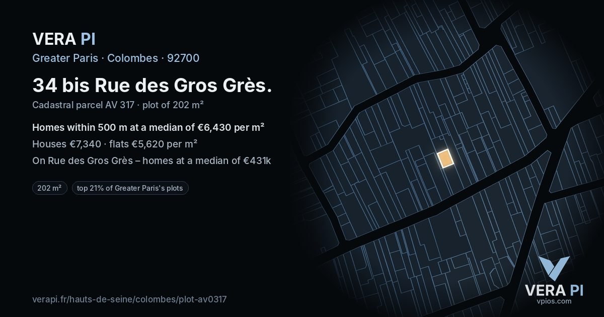 34 bis Rue des Gros Grès, Colombes at night – the plot lit, the parcels around coloured by the prices near them