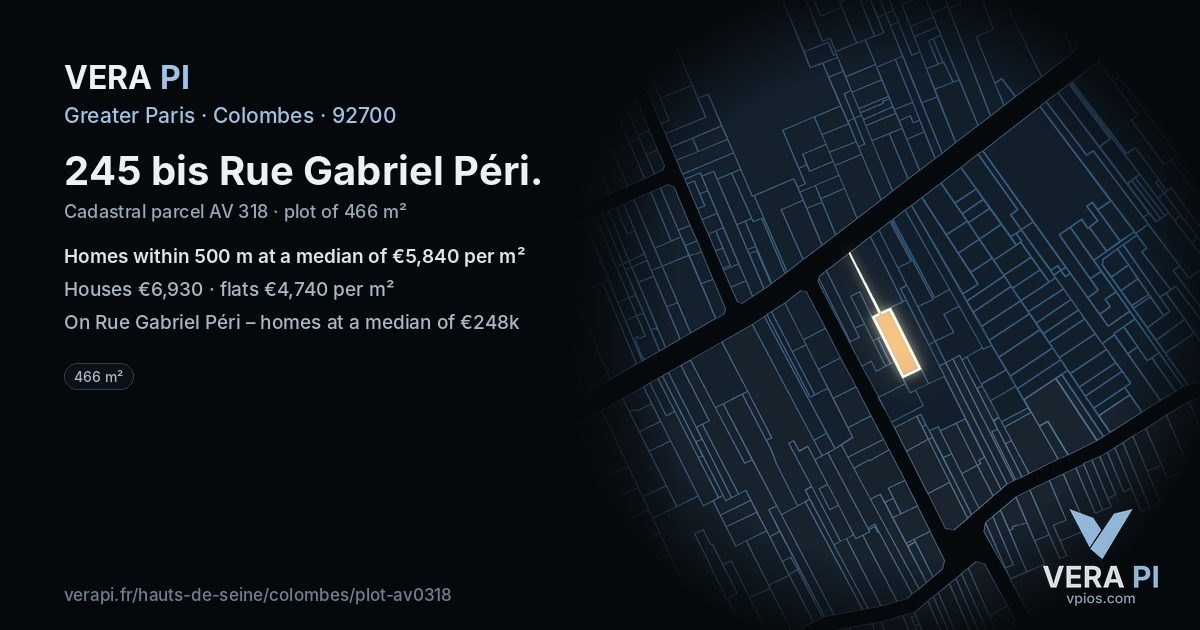 245 bis Rue Gabriel Péri, Colombes at night – the plot lit, the parcels around coloured by the prices near them