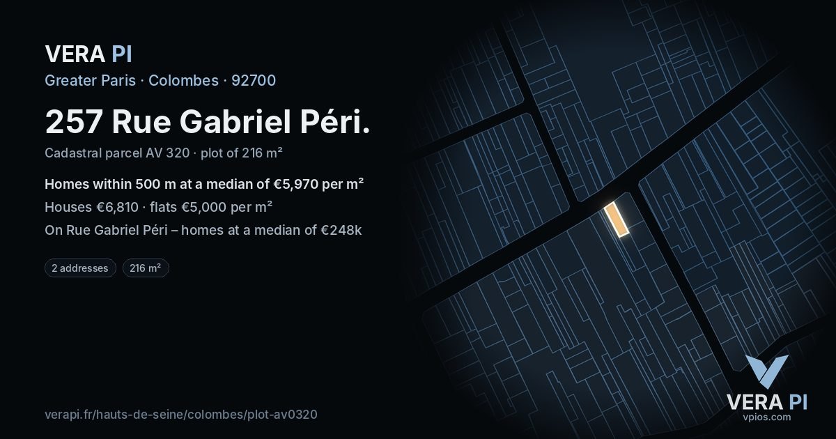 257 Rue Gabriel Péri, Colombes at night – the plot lit, the parcels around coloured by the prices near them