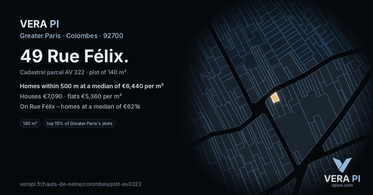 49 Rue Félix, Colombes at night – the plot lit, the parcels around coloured by the prices near them
