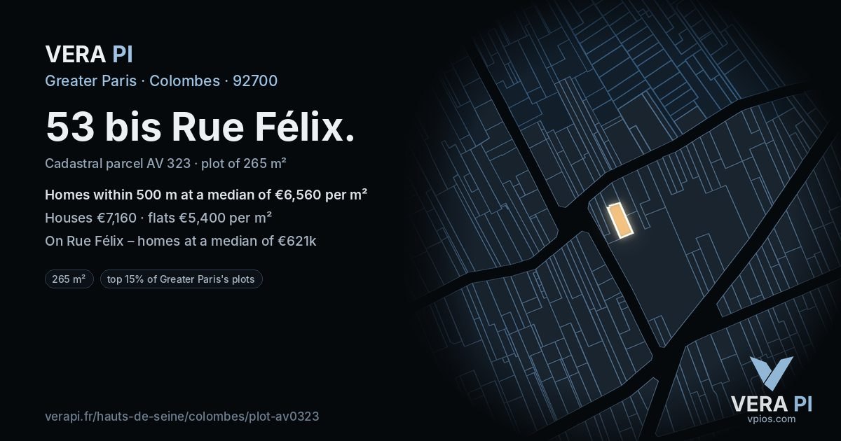 53 bis Rue Félix, Colombes at night – the plot lit, the parcels around coloured by the prices near them