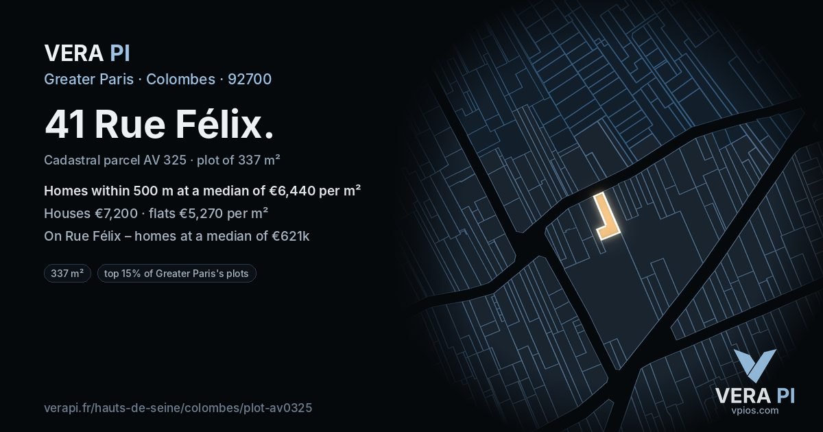 41 Rue Félix, Colombes at night – the plot lit, the parcels around coloured by the prices near them