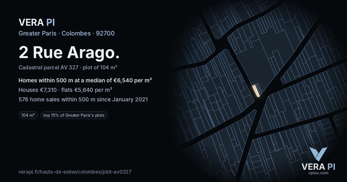 2 Rue Arago, Colombes at night – the plot lit, the parcels around coloured by the prices near them