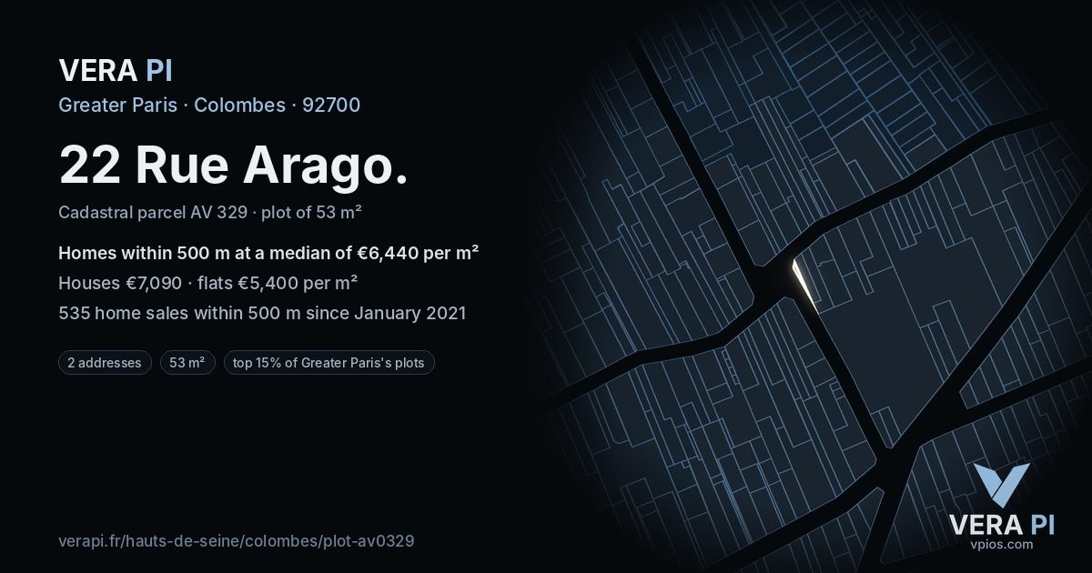 22 Rue Arago, Colombes at night – the plot lit, the parcels around coloured by the prices near them