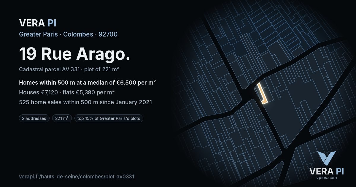 19 Rue Arago, Colombes at night – the plot lit, the parcels around coloured by the prices near them