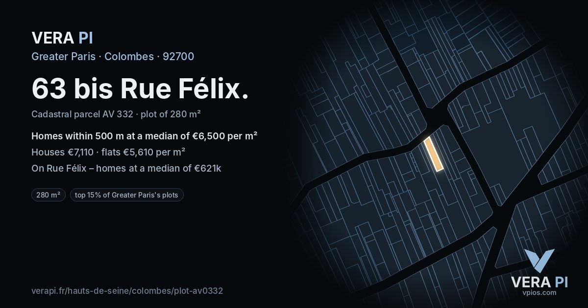 63 bis Rue Félix, Colombes at night – the plot lit, the parcels around coloured by the prices near them