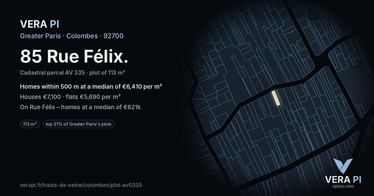 85 Rue Félix, Colombes at night – the plot lit, the parcels around coloured by the prices near them