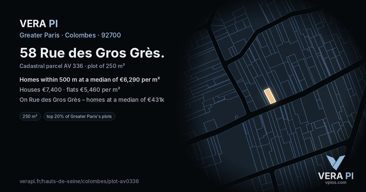 58 Rue des Gros Grès, Colombes at night – the plot lit, the parcels around coloured by the prices near them