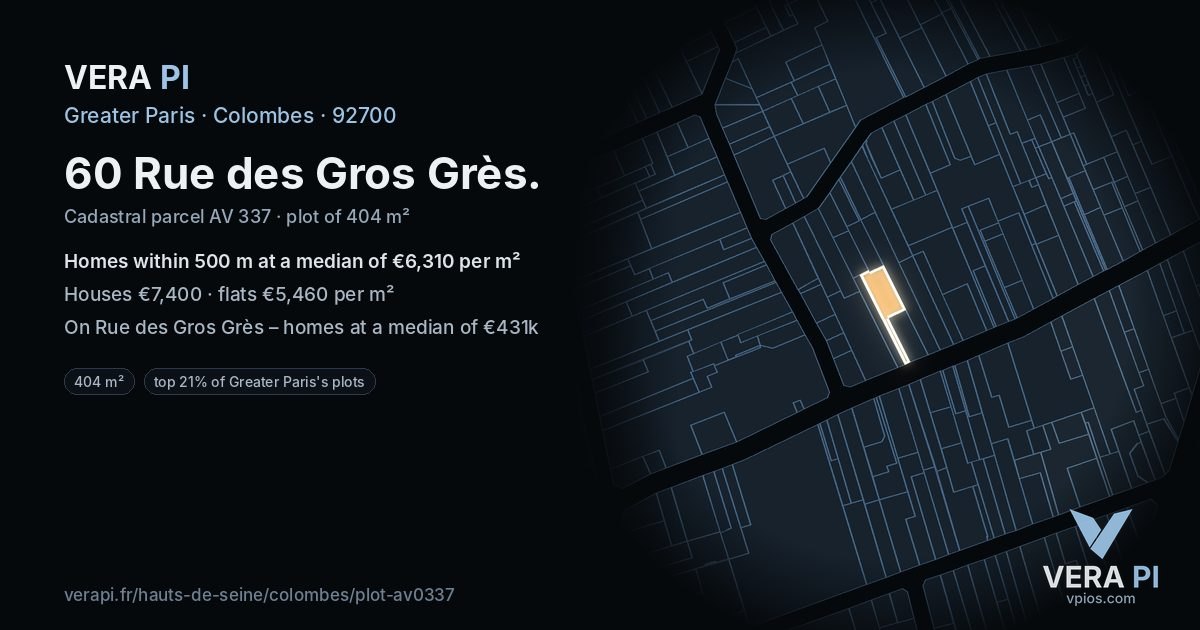 60 Rue des Gros Grès, Colombes at night – the plot lit, the parcels around coloured by the prices near them
