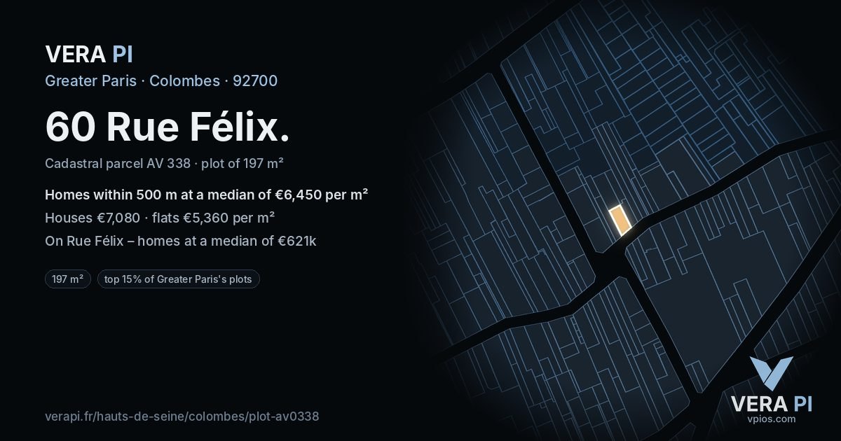 60 Rue Félix, Colombes at night – the plot lit, the parcels around coloured by the prices near them