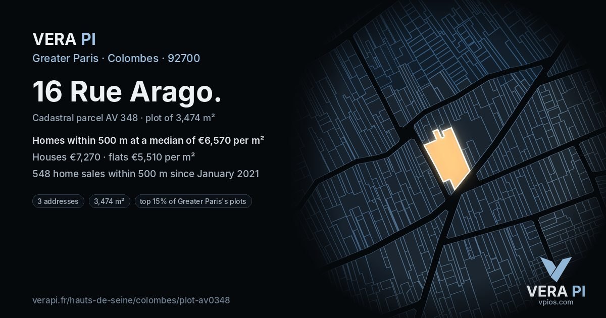 16 Rue Arago, Colombes at night – the plot lit, the parcels around coloured by the prices near them