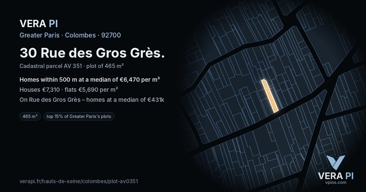 30 Rue des Gros Grès, Colombes at night – the plot lit, the parcels around coloured by the prices near them