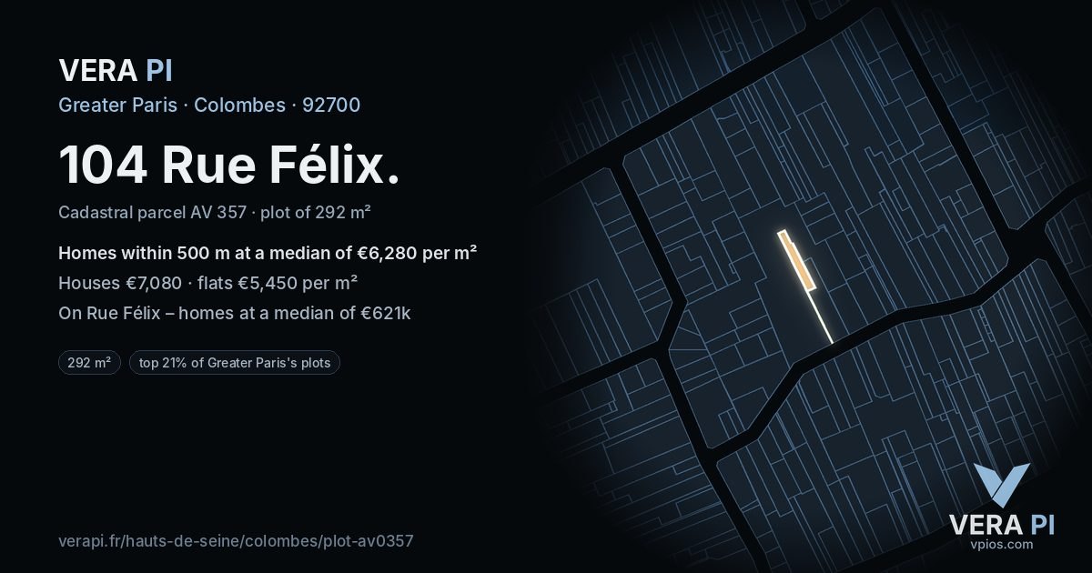 104 Rue Félix, Colombes at night – the plot lit, the parcels around coloured by the prices near them