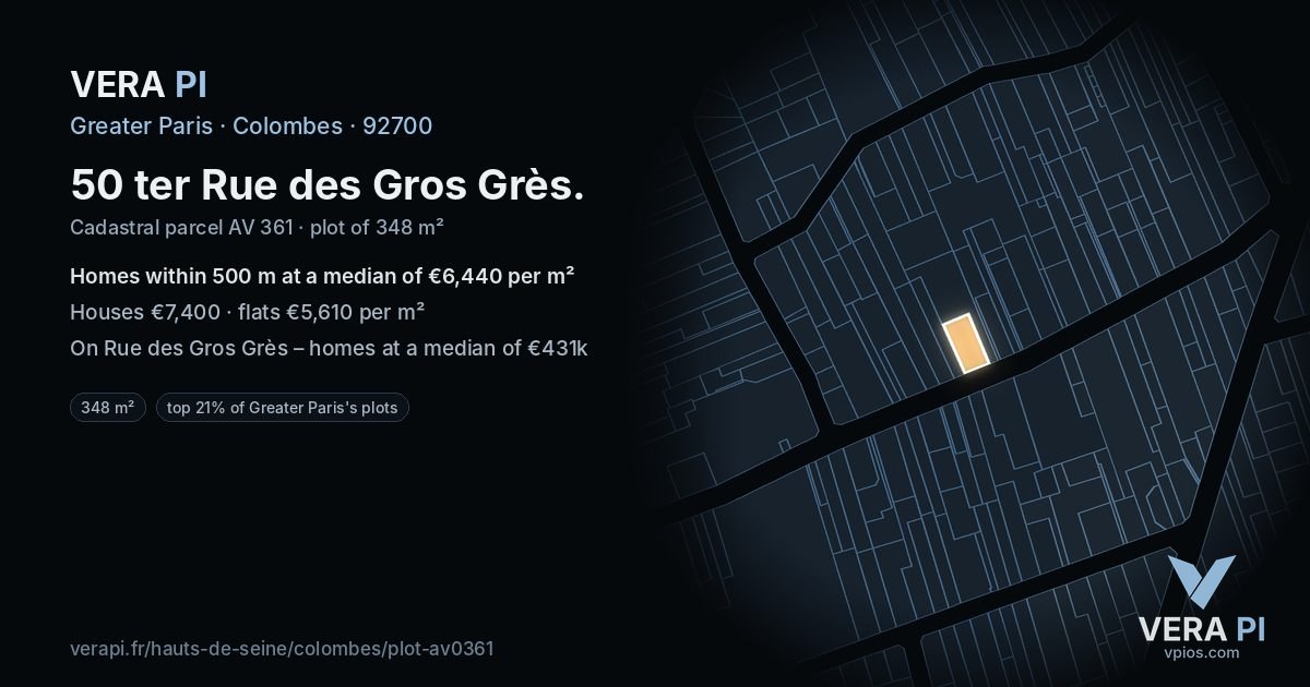 50 ter Rue des Gros Grès, Colombes at night – the plot lit, the parcels around coloured by the prices near them