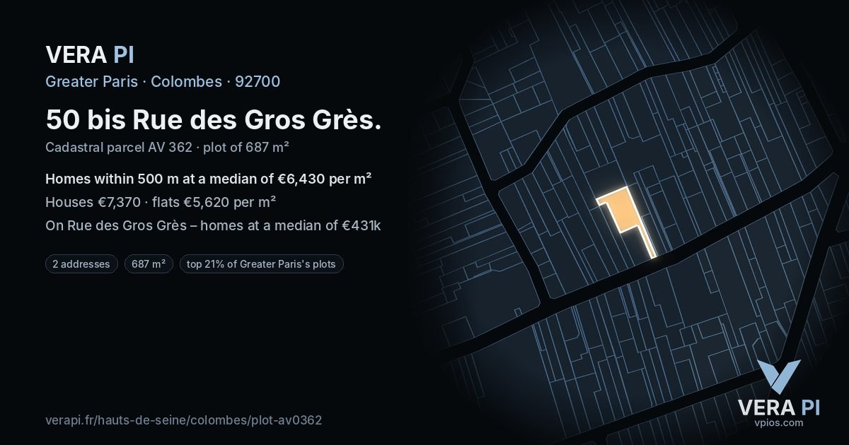 50 bis Rue des Gros Grès, Colombes at night – the plot lit, the parcels around coloured by the prices near them