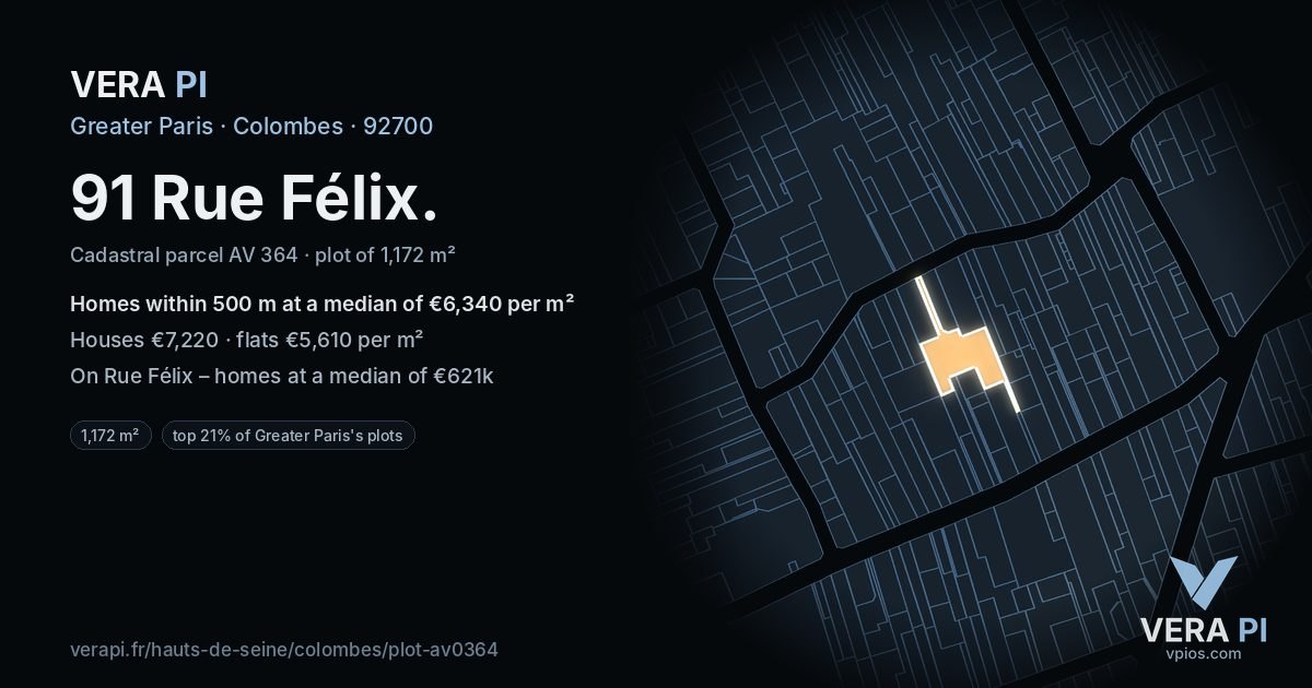 91 Rue Félix, Colombes at night – the plot lit, the parcels around coloured by the prices near them